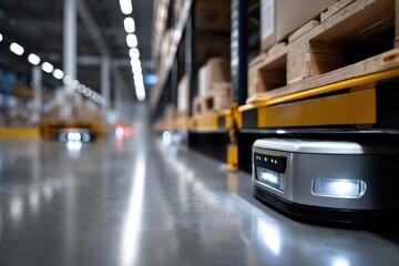 A close-up shot of autonomous robots operating on the floor of a modern warehouse, highlighting the efficiency and innovation in automation and logistics technology.