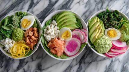 Overhead shot of three colorful healthy bowls with salmon egg avocado and spinach on marble surface