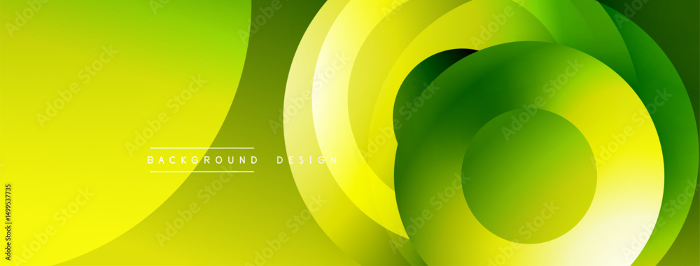 Poster Abstract yellow, green gradients form layered circular shapes. Modern design evokes dynamic energy, smooth transitions. Background features text.