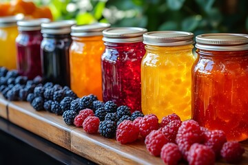 Colorful homemade jams and fresh berries