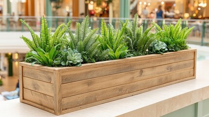 A beautifully arranged wooden planter box filled with lush green ferns, adding a touch of nature to an indoor space. Perfect for enhancing modern interiors and promoting greenery.
