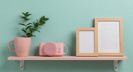 Home decor with picture frames, plant in a mug and pink camera on a shelf against pastel wall