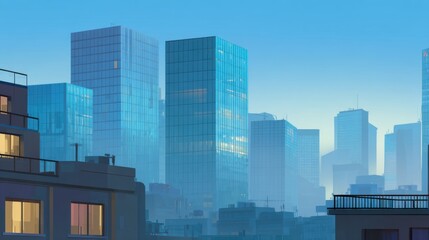 Cityscape Illustration of Modern Skyscrapers in Blue Tones, Urban Landscape, Architectural Design, Daytime View, Digital Art