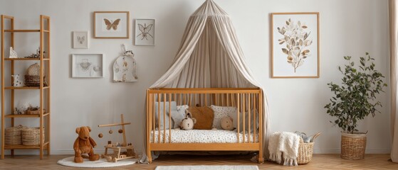 Interior of a stylish nursery with a wooden crib and canopy in neutral tones with artwork and shelving