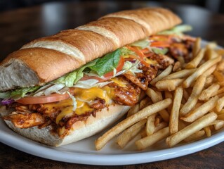 Delicious Chicken Sub Sandwich with Melted Cheese and French Fries on a White Plate Close Up Food Photography