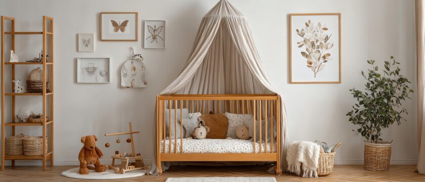 Interior of a stylish nursery with a wooden crib and canopy in neutral tones with artwork and shelving