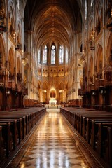 Fototapeta premium Interior view of a grand cathedral featuring ornate architecture and stained glass windows, perspective shot, Montreal Canada