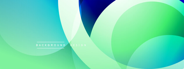 Abstract background features overlapping circles, gradients. Colors include turquoise, green, white, blue. Modern design element.