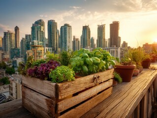 Fototapeta premium Rooftop garden with herbs and lettuce growing in a wooden crate against a city skyline at sunset close up