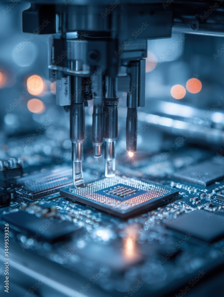 Poster automated machine assembling microchip on circuit board close up industrial precision technology inn