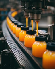 Orange juice bottles filling on production line industrial process close up beverage manufacturing plant automated machinery