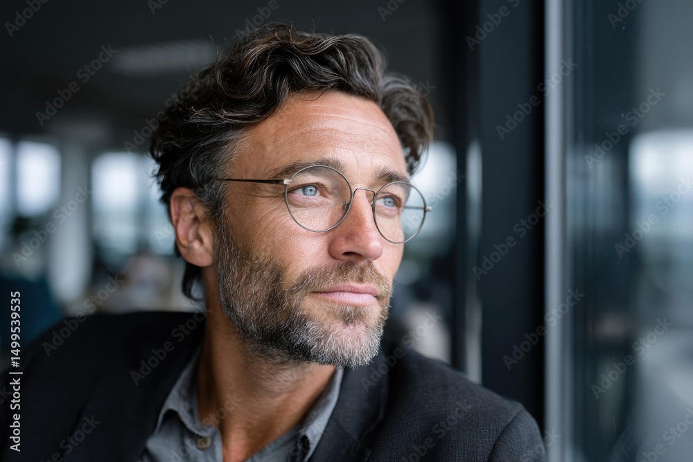 Fototapete this captivating image shows a thoughtful man gazing out the window of a modern office, reflecting o
