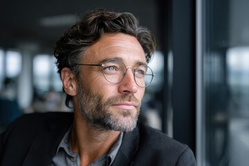 This captivating image shows a thoughtful man gazing out the window of a modern office, reflecting on ideas, dreams, and ambitions in a serene atmosphere.