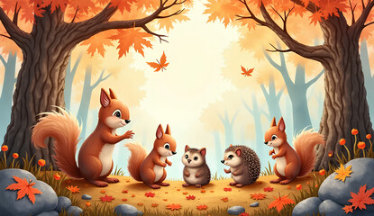 Fototapeta premium Cute Autumn Forest Animals