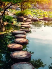 Tranquil stepping stones lead across calm pond in lush garden setting at golden hour with reflections