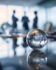 Crystal Globe Reflecting Business Team Meeting in Modern Office Building Conference Room Close Up Shot