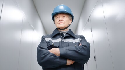 A confident worker in a blue helmet stands with arms crossed in a modern facility. The environment is sleek, showcasing professionalism and readiness in an industrial setting.