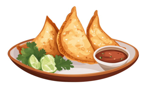 Three golden-brown pastries, possibly samosas, served on a plate with lime wedges, cilantro, and a small bowl of reddish-brown sauce