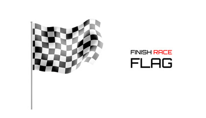 Race flag 3d waving on pole at car finish line. Rally speed vector with checkered texture, start element. Motor road pattern symbolizing end of competition or motorsport victory