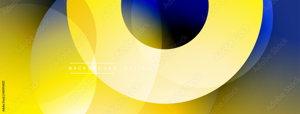 Poster Abstract yellow, blue gradients form overlapping circles. Modern design evokes dynamic energy, smooth transitions. Minimalist aesthetic.
