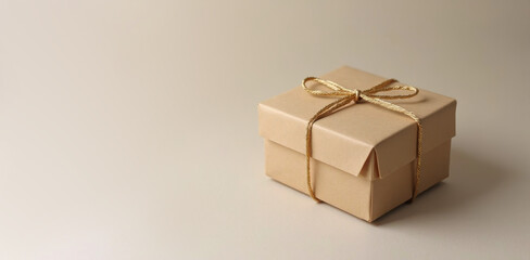 Fototapeta premium A kraft box tied with a ribbon stands on a beige background. free space for text