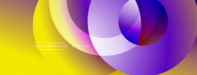 Abstract vibrant circles overlap, creating colorful gradients. Yellow, purple, blue hues blend smoothly. Modern design element.
