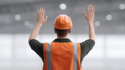 A construction worker in an orange safety vest and helmet raises hands, signaling from a spacious indoor site