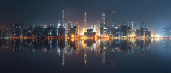 Fototapeta premium Panoramic Night Skyline View of Shenzhen China Reflecting in Water Surface from Low Angle with City Lights and Modern Architecture