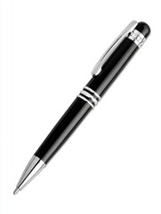 Elegant black ballpoint pen close up studio shot on white background for office supplies and writing instruments