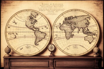 Antique world maps on a wooden mantlepiece