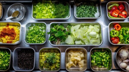 Overhead View of Freshly Prepared Ingredients in Metal Containers for Cooking in a Commercial Kitchen Setting