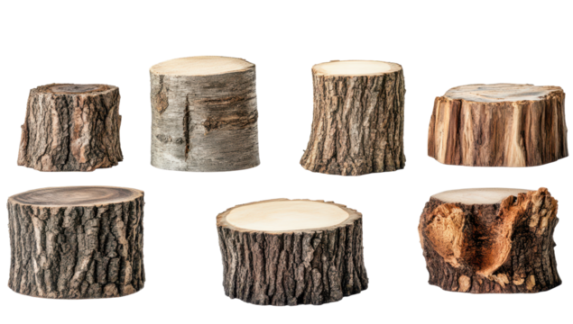 Seven rustic wood slices, varying in size, bark texture, and wood grain, displayed against a black background