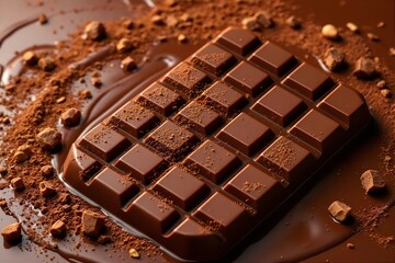 Delicious Dark Chocolate Bar Still Life: Close-Up of Rich, Decadent Chocolate with Cocoa Powder & Melted Chocolate Background