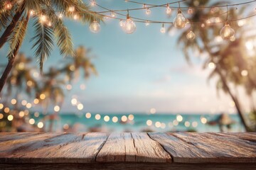 Tropical beach party background with wooden table palm trees and string lights summer vacation concept