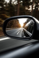 Car side mirror reflecting highway road trip through forest at sunset blurred motion scenic drive perspective