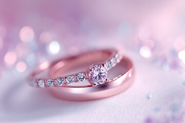 Rose Gold Wedding Rings on White Fabric Close Up Macro Shot with Bokeh Background for Engagement Celebration