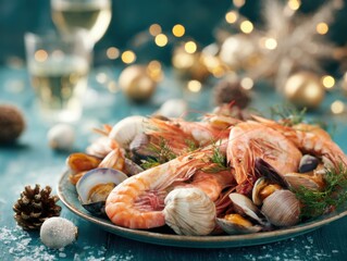 Festive seafood platter with shrimp and clams on a table with holiday decorations and bokeh lights
