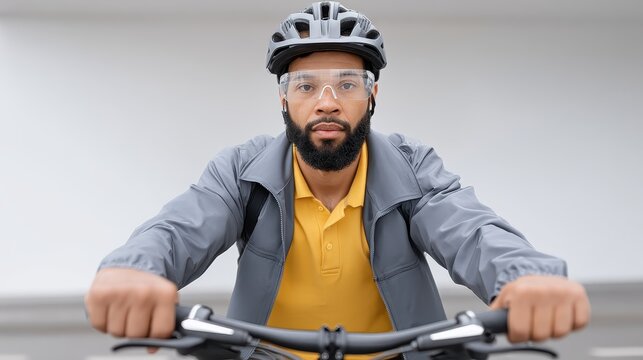 A focused cyclist wearing a helmet and glasses, ready to ride. This image captures the essence of urban biking, promoting safety and fitness in a modern environment.