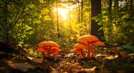 Bright orange mushrooms illuminated by sunbeams through trees