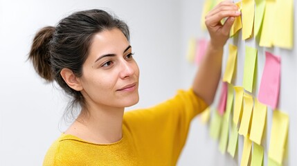 A focused woman in a yellow shirt organizing colorful sticky notes on a wall, symbolizing creativity and collaboration in a modern workplace.