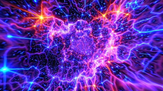 Electric nebula bursts with color as lightning veins swirl across glowing core, intense motion fills deep void, vibrant blue and violet fire pulse from cosmic dimension explosion.