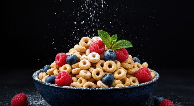 Bowl of cereal loops with raspberries, blueberries, and sugar being poured