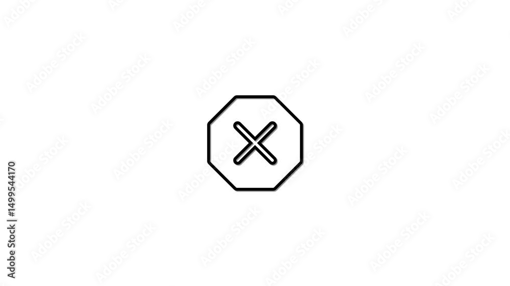 Poster simple minimalist animated x mark icon in octagon shape appearing on white background for web design