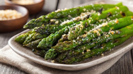 Close up of grilled asparagus with parmesan cheese on a rustic plate food photography healthy delicious gourmet meal