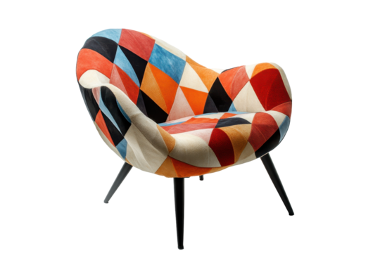 A low, curved armchair with a multicolored geometric patterned upholstery and dark legs