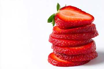Vertical Stack of Sliced Strawberry with Whole Berry on Top – Isolated on White Background

