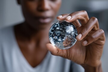 A close-up shot of a person holding a transparent sphere containing circuit patterns, symbolizing the intersection of technology and human thought.