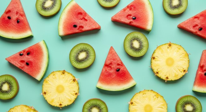 Watermelon, kiwi, and pineapple fruit slices on a blue background
