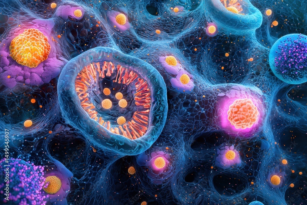 Wall mural vibrant microscopic view of cellular structures with glowing organelles in a dynamic biological envi