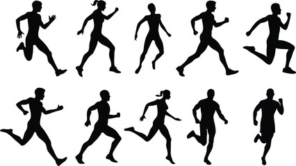 Human running silhouette vector set on white background